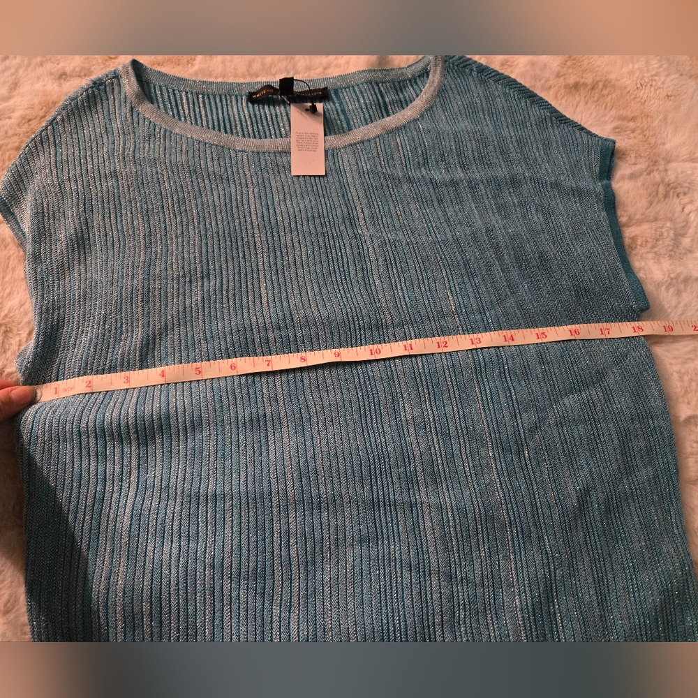 WHBM Turquoise and silver metalic ribbed short sleeve top. - Picture 5 of 5